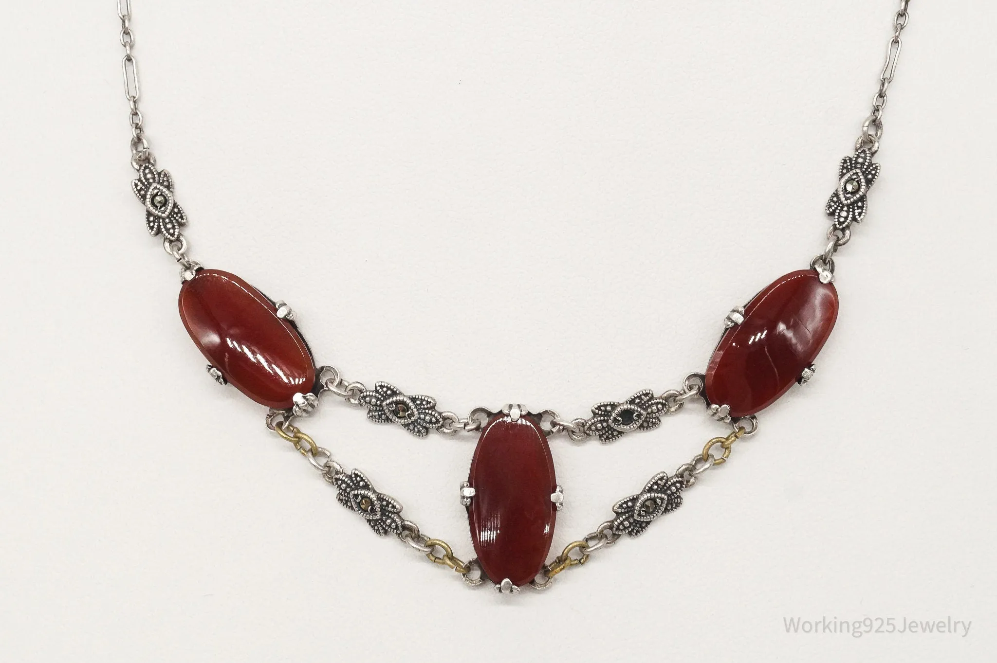 Antique Carnelian Marcasite Sterling Silver Necklace