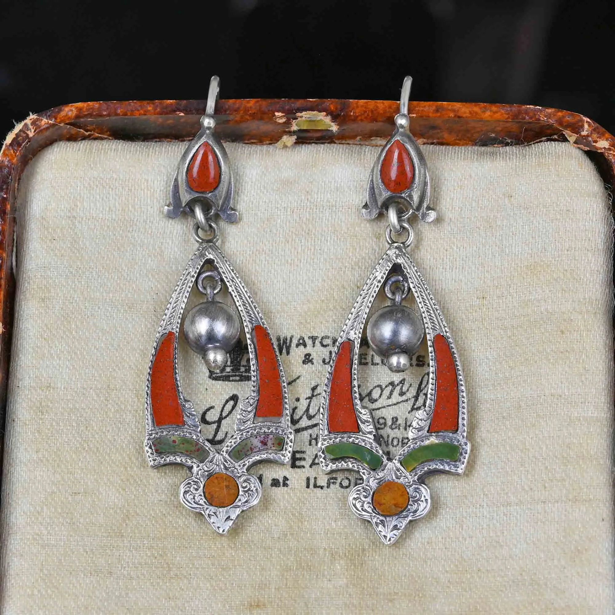 Antique Silver Jasper Agate Scottish Pebble Earrings