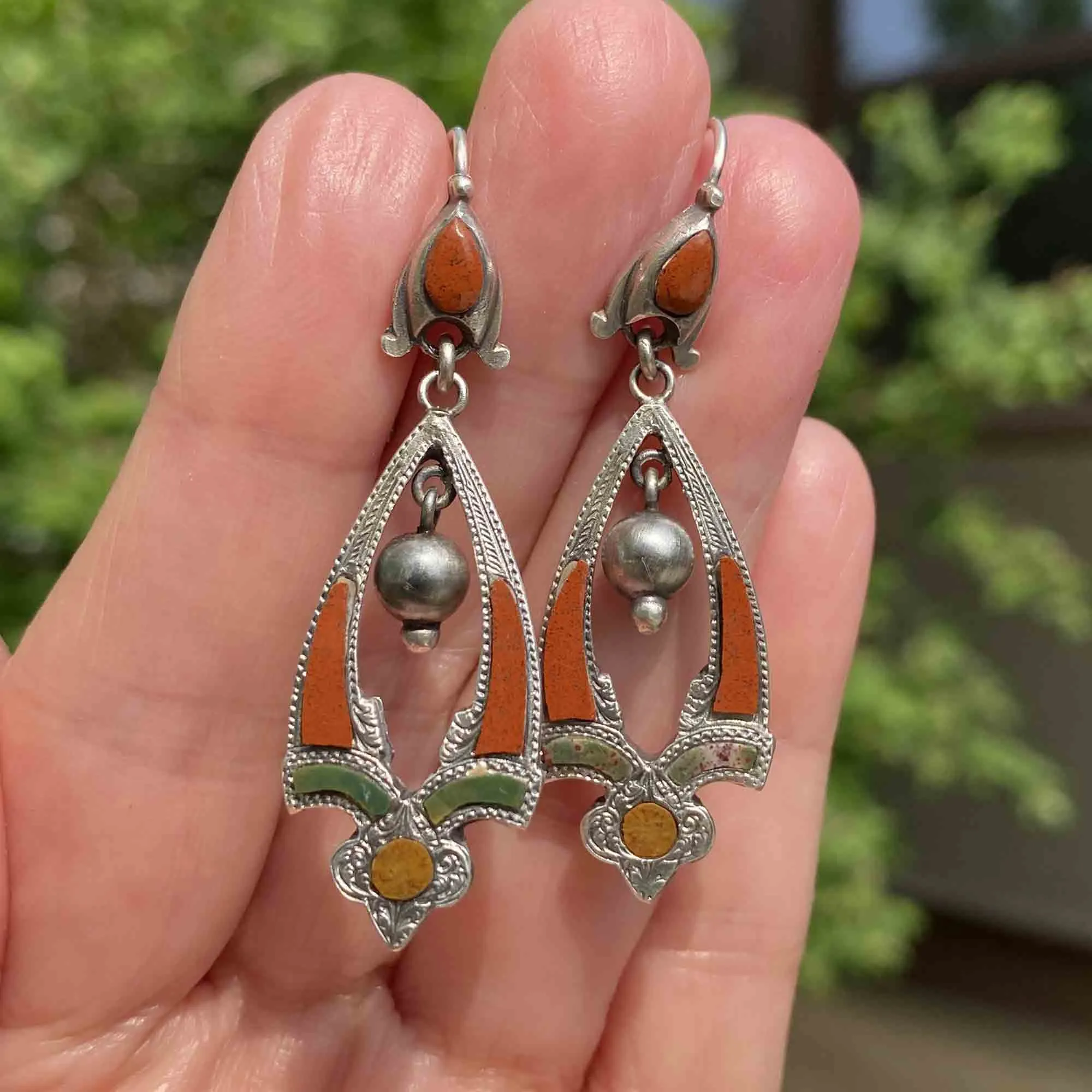 Antique Silver Jasper Agate Scottish Pebble Earrings