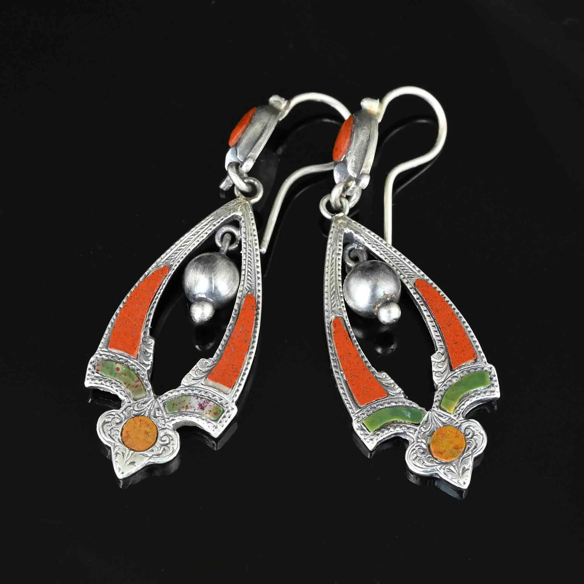 Antique Silver Jasper Agate Scottish Pebble Earrings