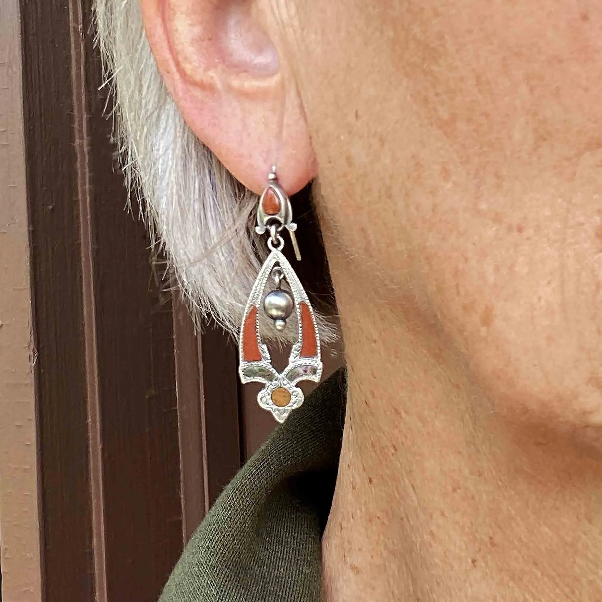 Antique Silver Jasper Agate Scottish Pebble Earrings