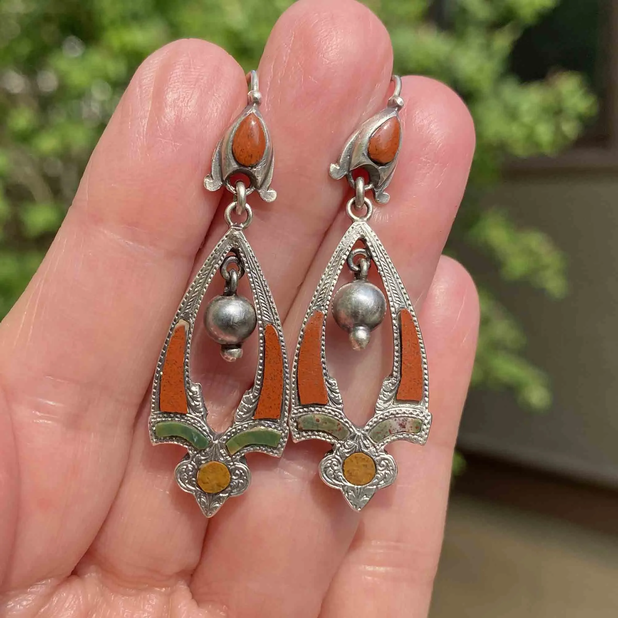 Antique Silver Jasper Agate Scottish Pebble Earrings