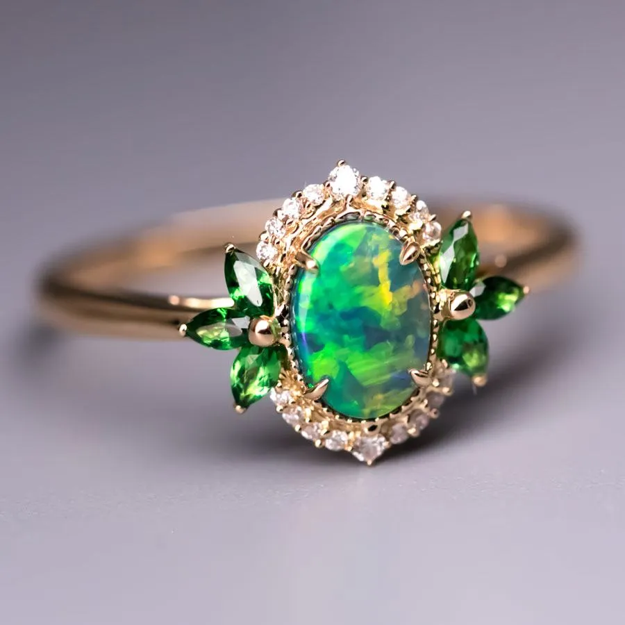 Australian Black Opal Diamond Tsavorite Engagement Ring 18K Yellow Gold