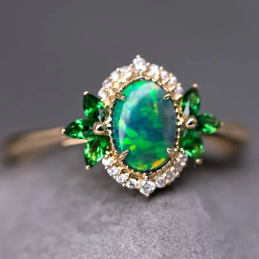 Australian Black Opal Diamond Tsavorite Engagement Ring 18K Yellow Gold