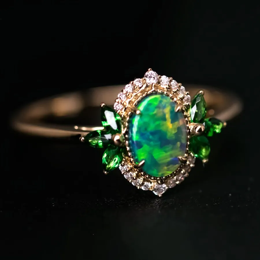 Australian Black Opal Diamond Tsavorite Engagement Ring 18K Yellow Gold