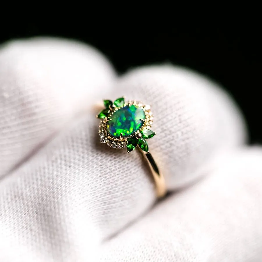 Australian Black Opal Diamond Tsavorite Engagement Ring 18K Yellow Gold