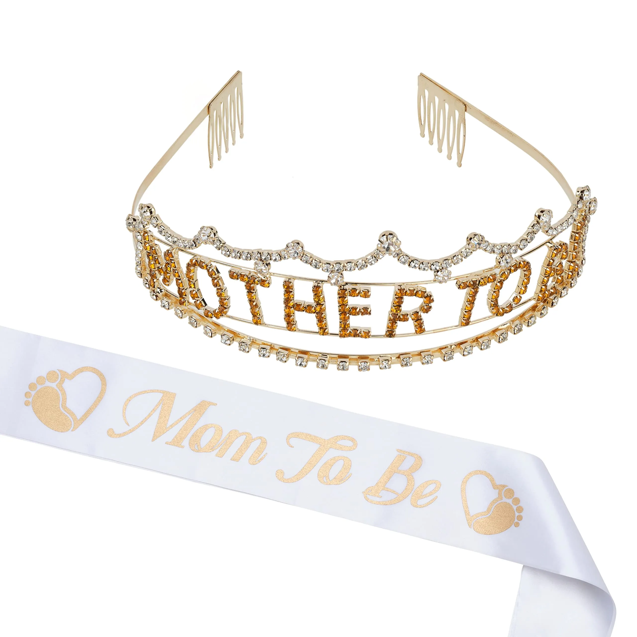 Baby Shower Decoration For Mom To Be, Metal Pink Tiara   White & Yellow Sash