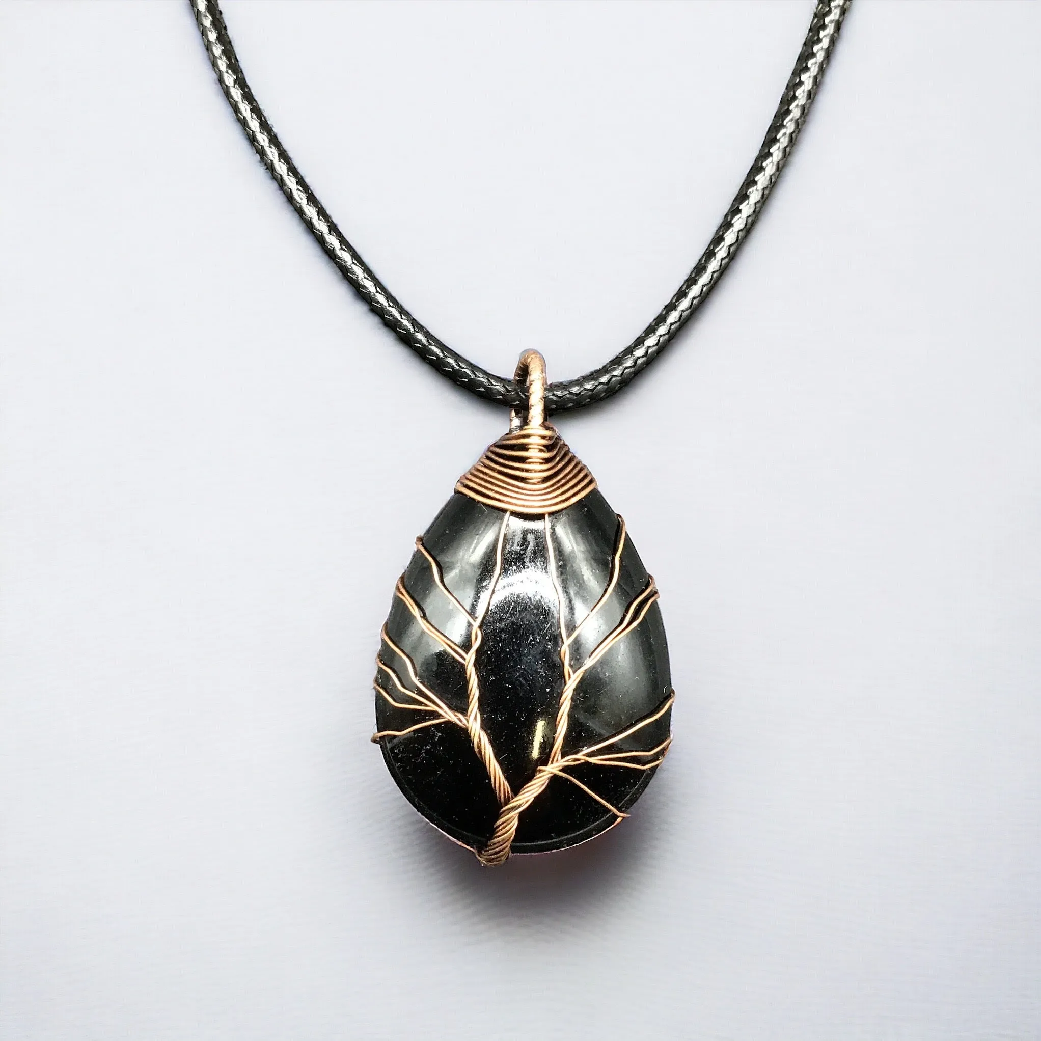 Black Gemstone Pendant Wrapped w/ Gold Tree of Life