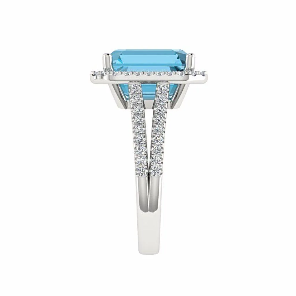 Blue Topaz Diamond Halo Ring 14K Gold