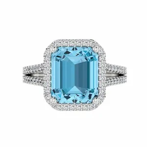 Blue Topaz Diamond Halo Ring 14K Gold