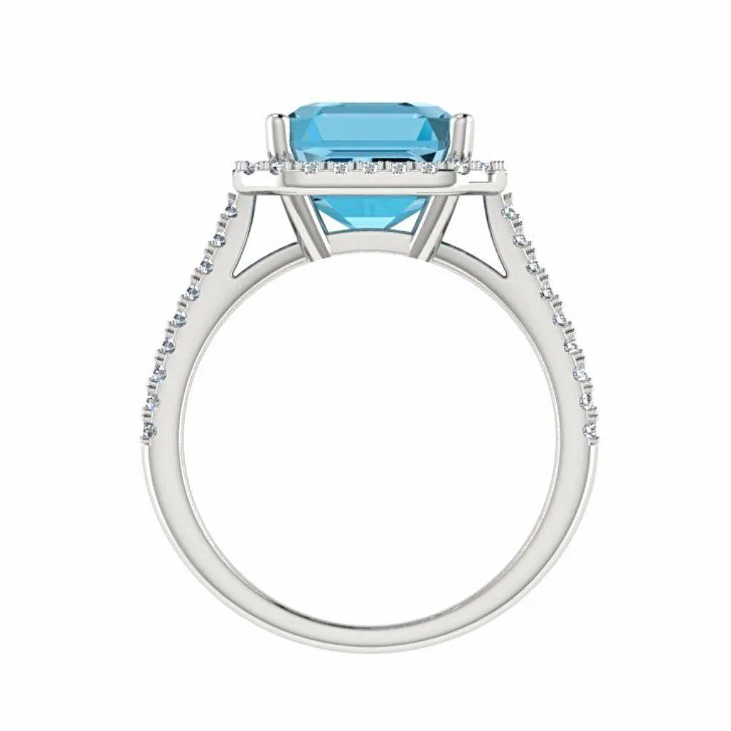 Blue Topaz Diamond Halo Ring 14K Gold