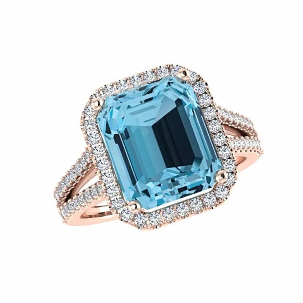 Blue Topaz Diamond Halo Ring 14K Gold