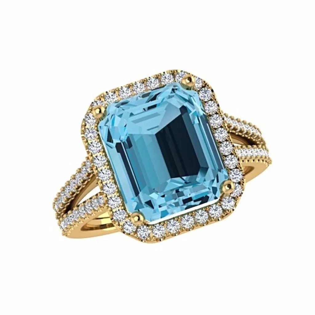 Blue Topaz Diamond Halo Ring 14K Gold