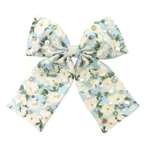 Brianna Cannon - Light Blue & White Floral Bow Barrette with Crystals and Pearls