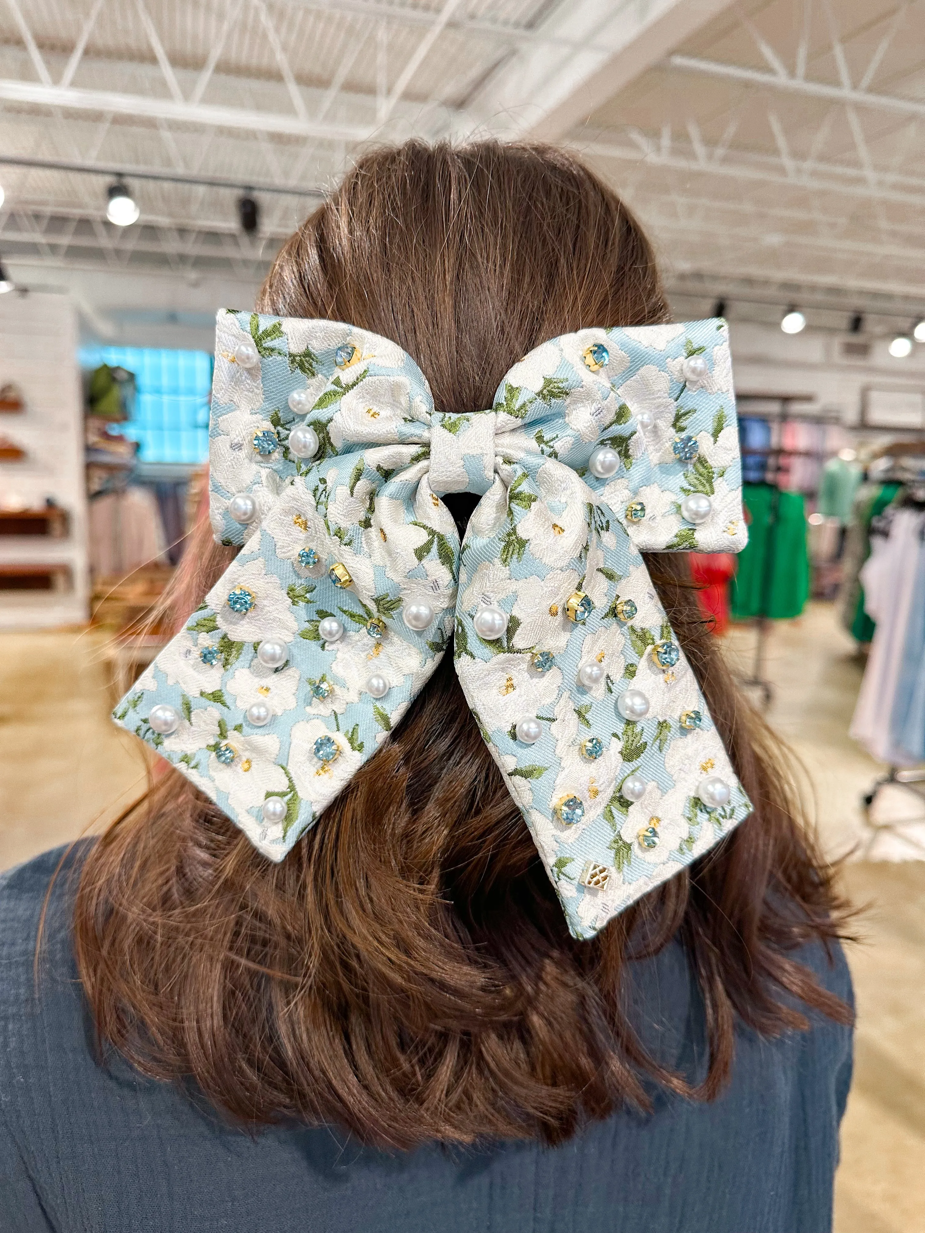 Brianna Cannon - Light Blue & White Floral Bow Barrette with Crystals and Pearls