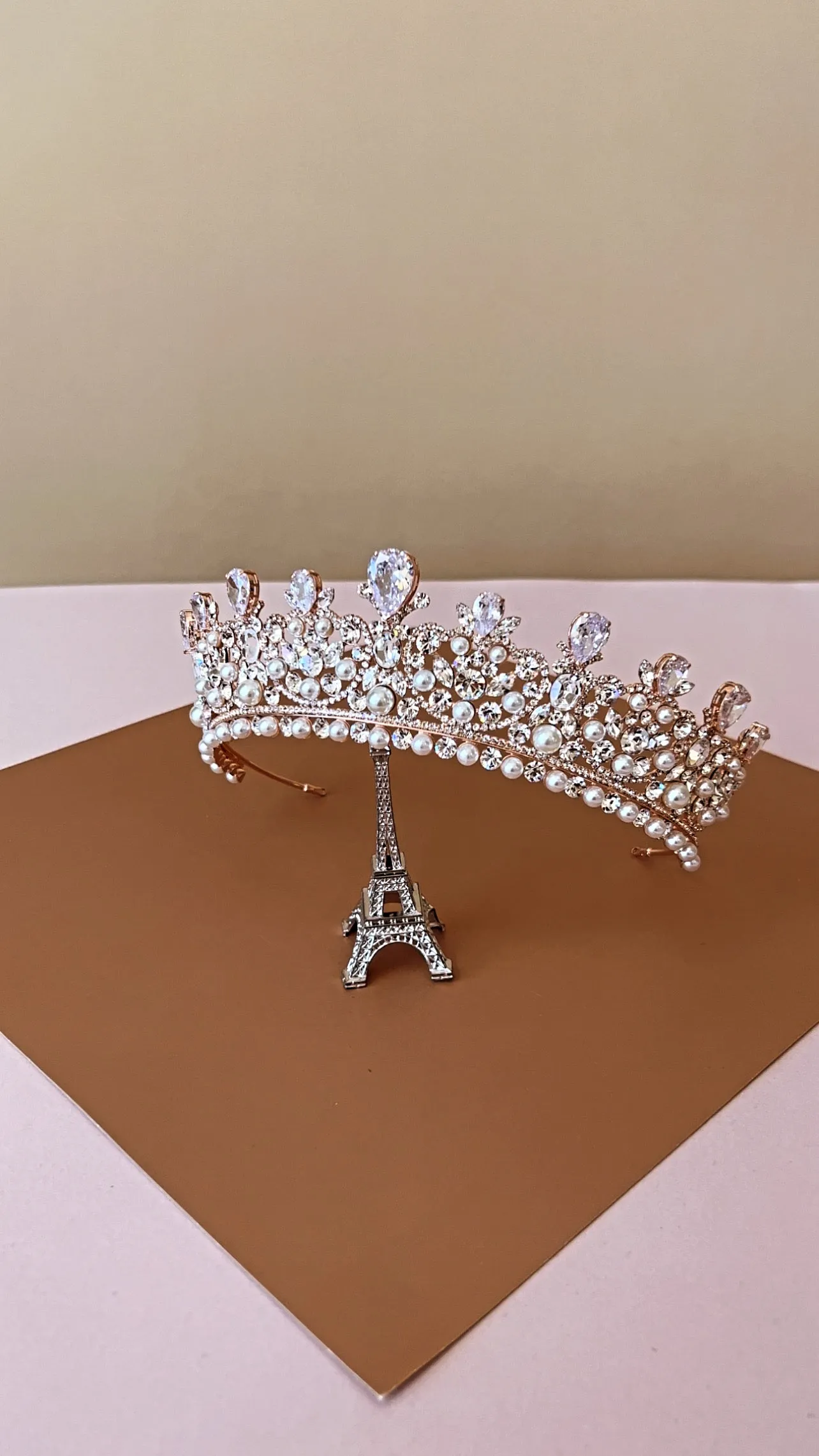 CARINA Rose Gold Swarovski & Pearls Bridal Crown, Wedding Tiara