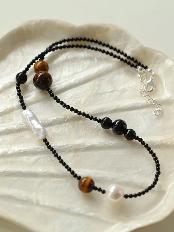 Contrasting Aesthetics Black Agate Tiger Eye Stone Necklace