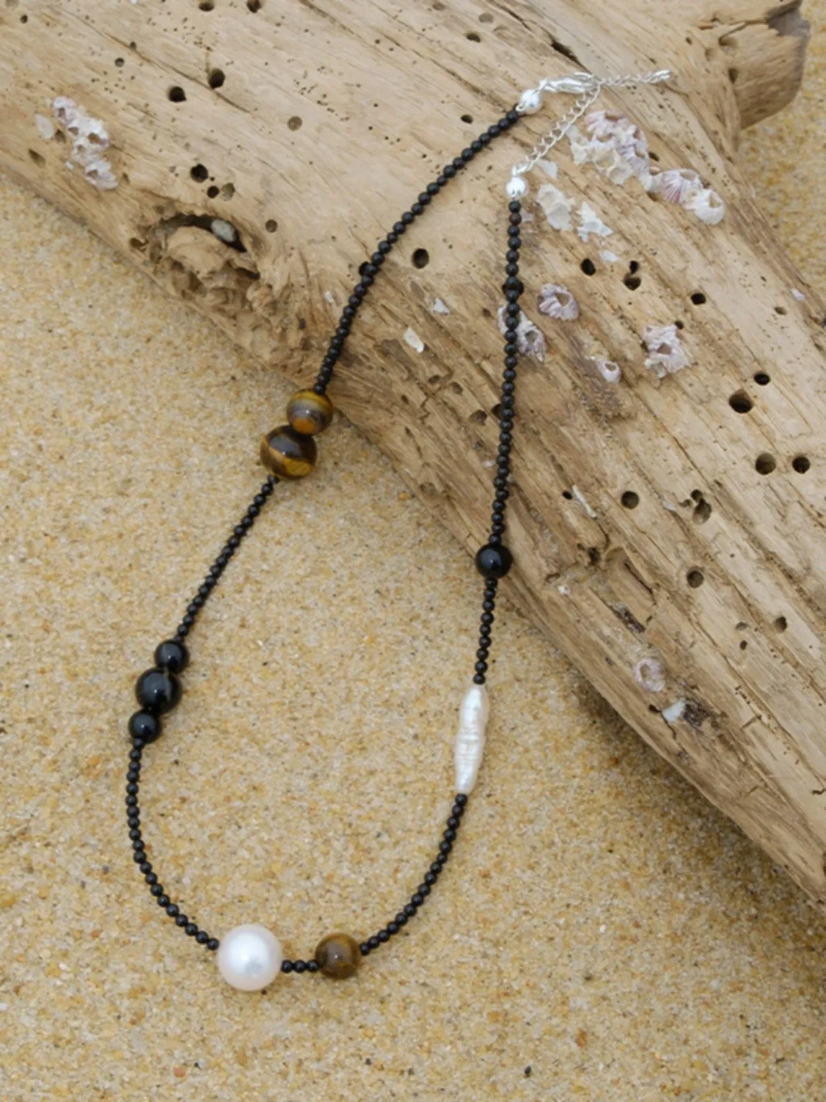 Contrasting Aesthetics Black Agate Tiger Eye Stone Necklace