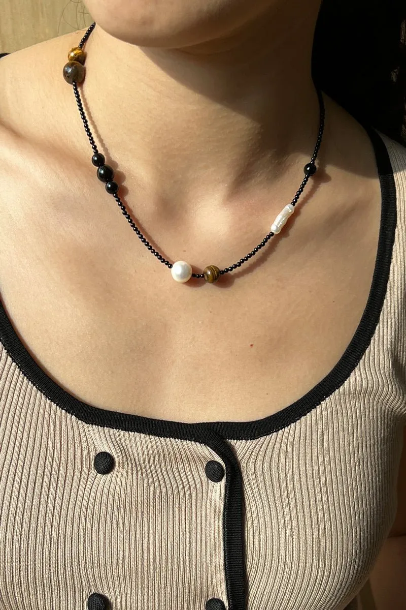 Contrasting Aesthetics Black Agate Tiger Eye Stone Necklace