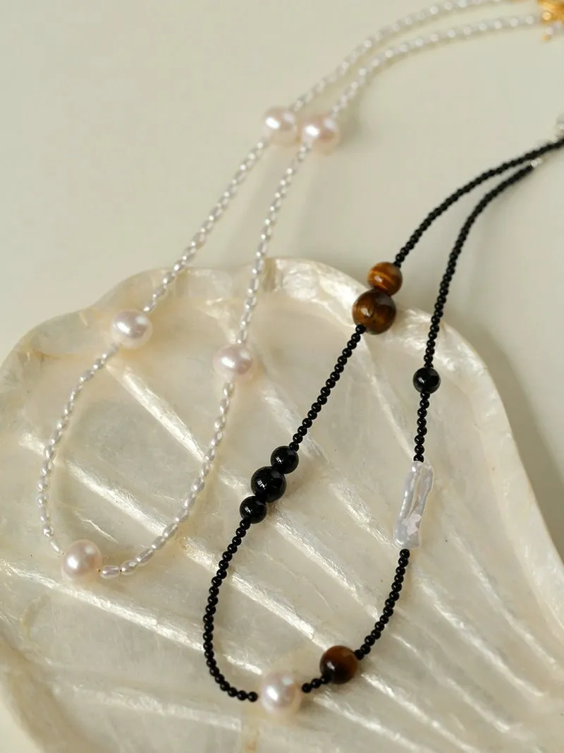 Contrasting Aesthetics Black Agate Tiger Eye Stone Necklace