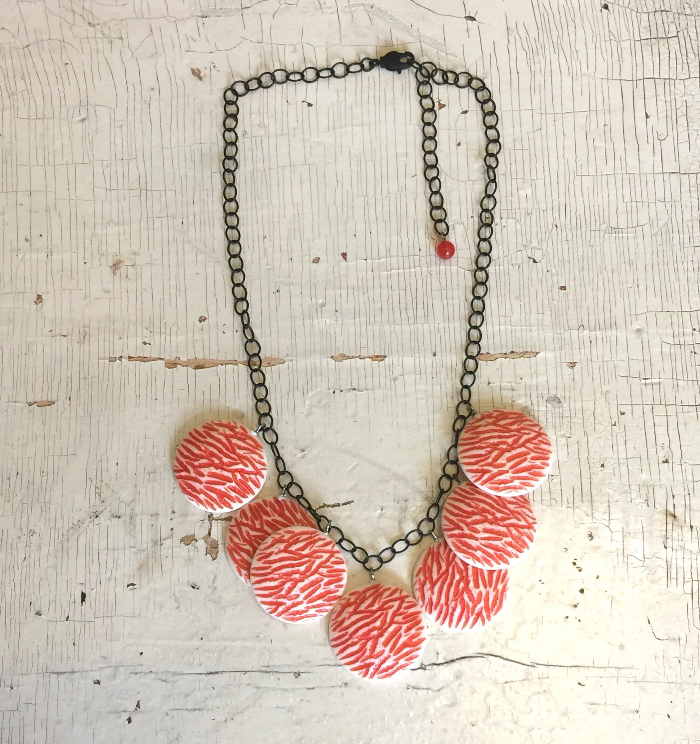 Coral & Cream Hammered Poker Face Statement Necklace