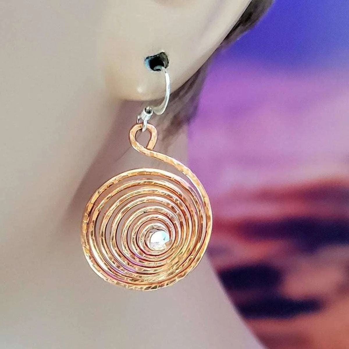 Crystal Embedded Copper Spiral Hoop Earrings