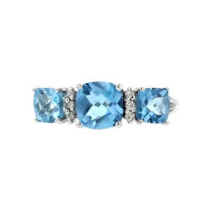 Cushion Blue Topaz and Diamond 3-Stone Ring