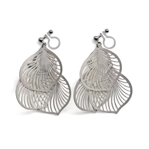 Dangle silver three leaf filigree invisible clip on earrings