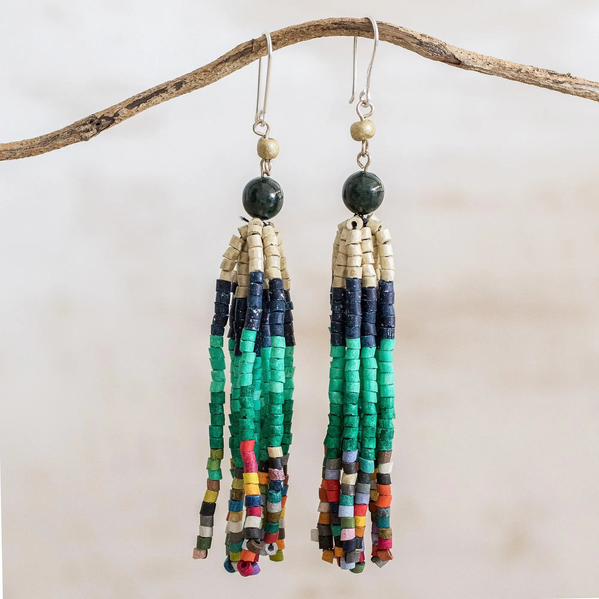 Dark Green Jade and Ceramic Beaded Waterfall Earrings - Tradition and Custom | NOVICA