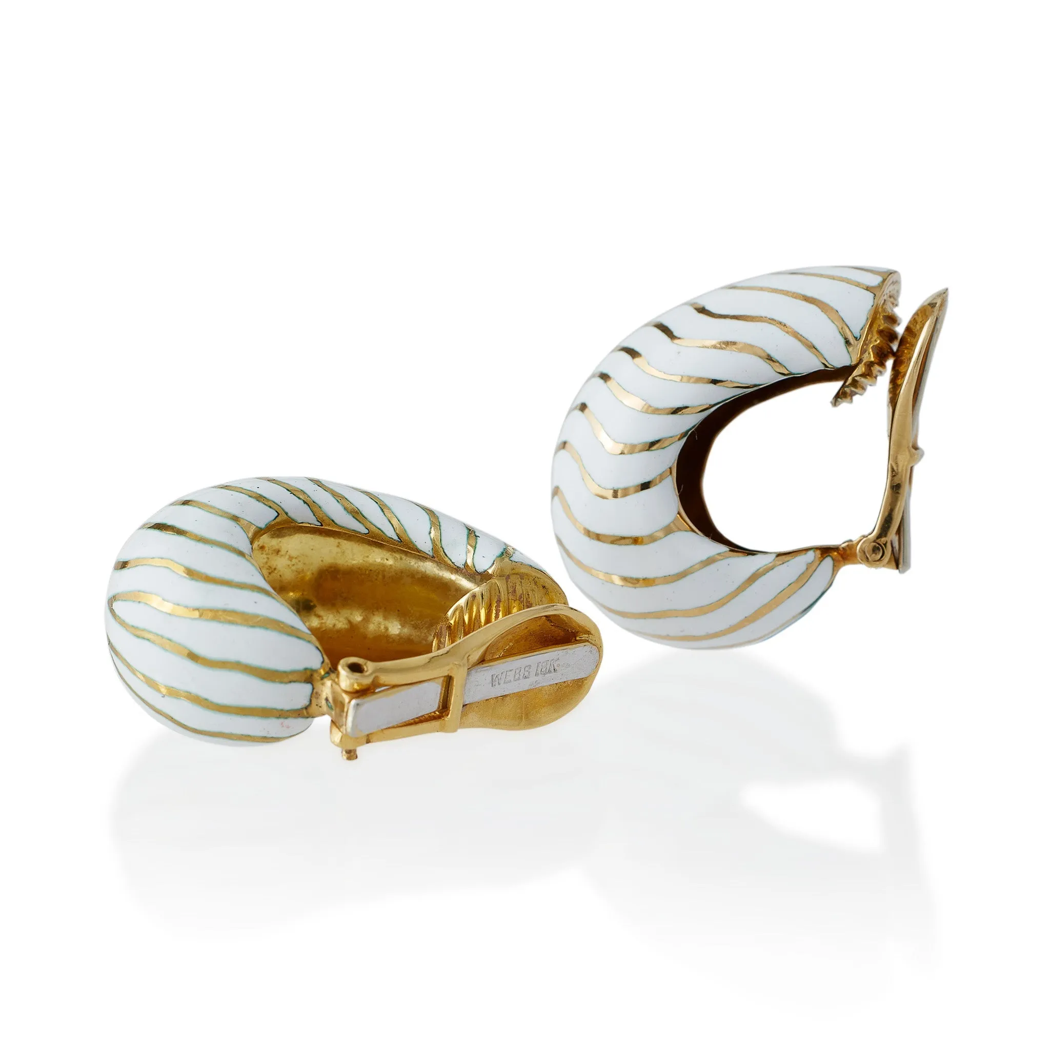 David Webb White Enamel Tiger Stripe Clip Earrings