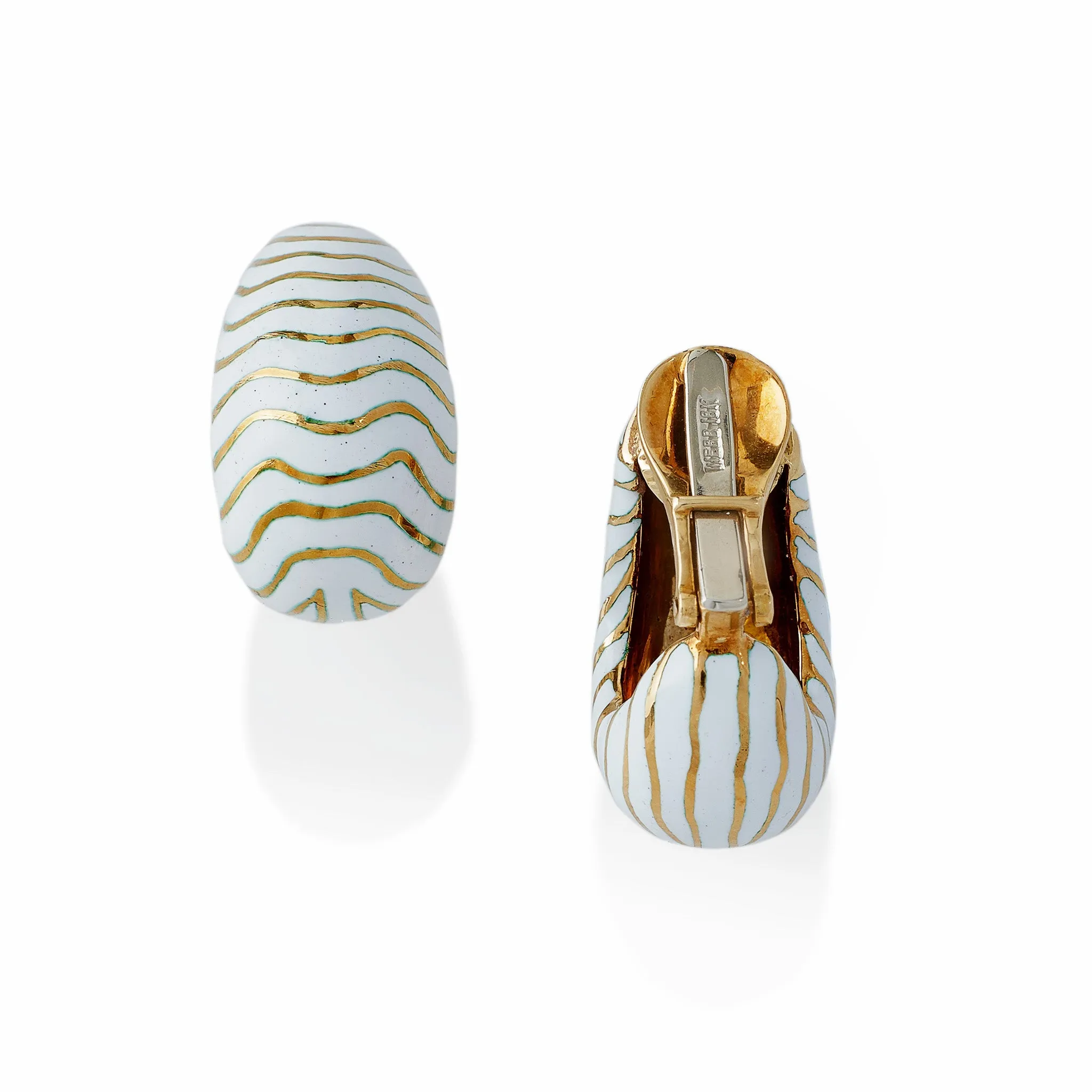 David Webb White Enamel Tiger Stripe Clip Earrings