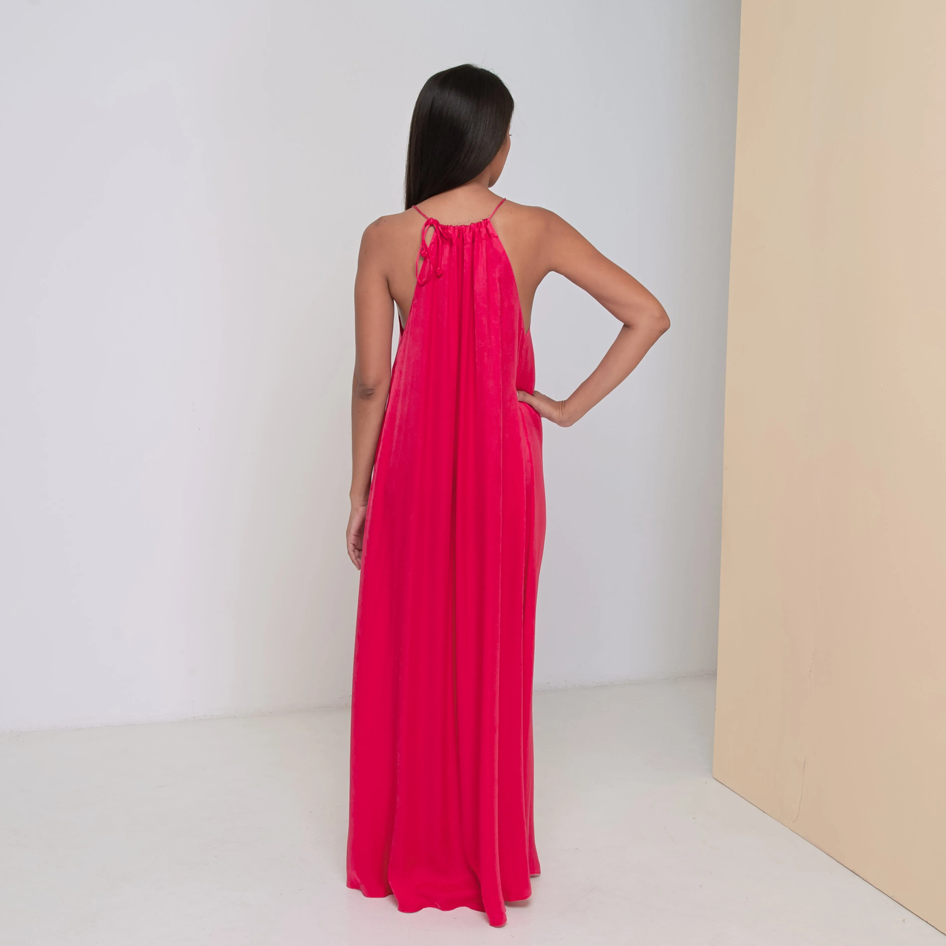 DEEP V LONG HALTER DRESS - Rayon Viscose Satin | Hot Pink