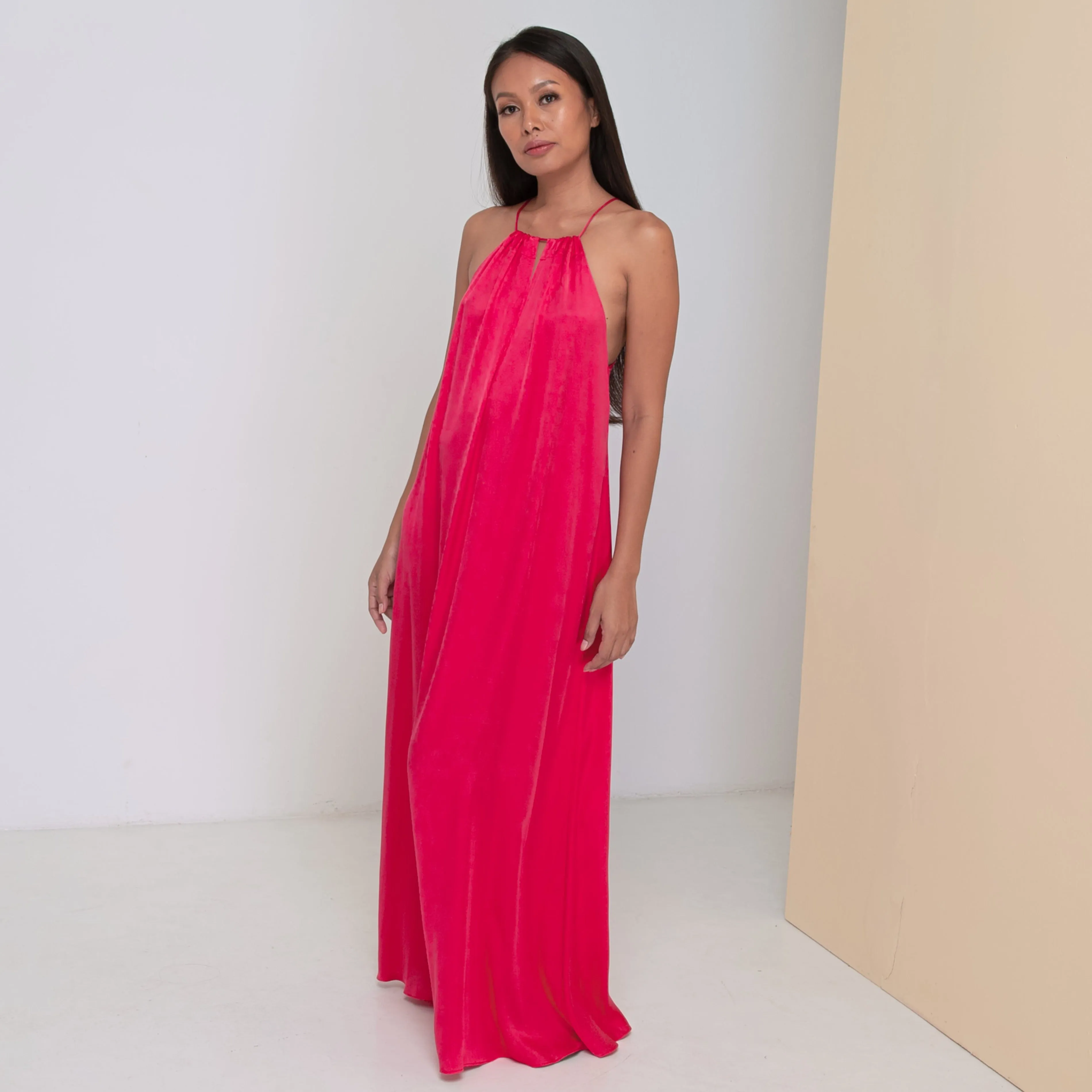 DEEP V LONG HALTER DRESS - Rayon Viscose Satin | Hot Pink