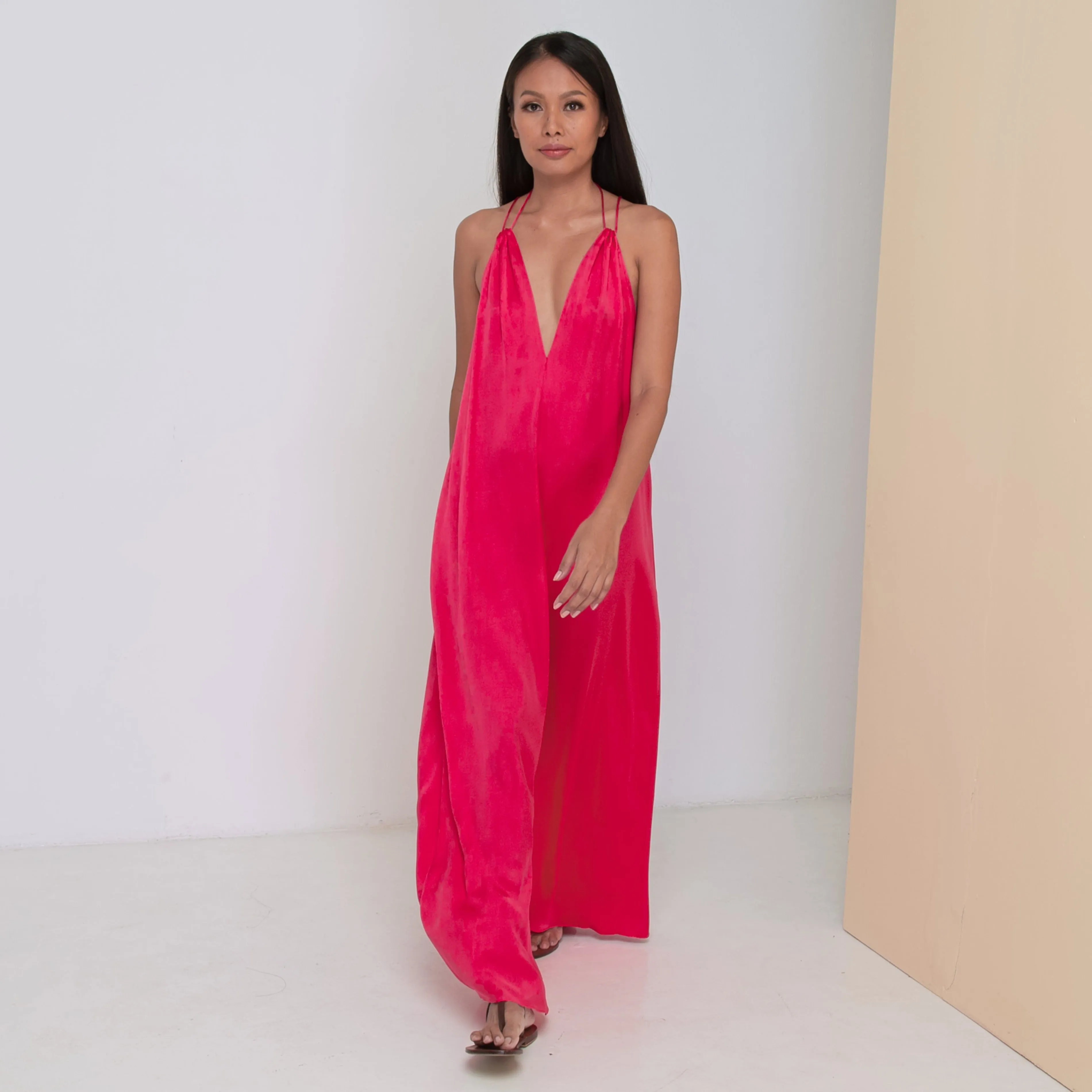 DEEP V LONG HALTER DRESS - Rayon Viscose Satin | Hot Pink