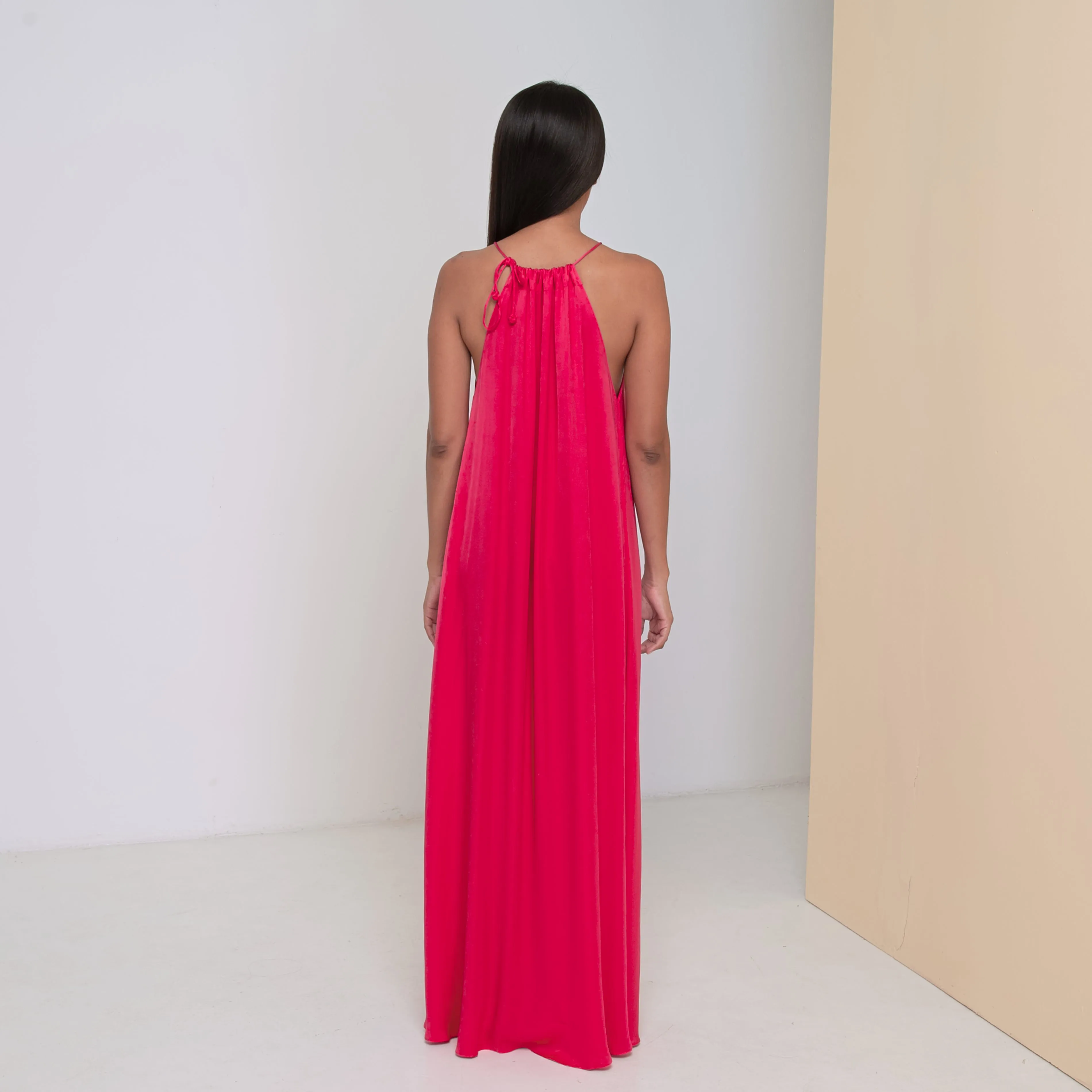 DEEP V LONG HALTER DRESS - Rayon Viscose Satin | Hot Pink