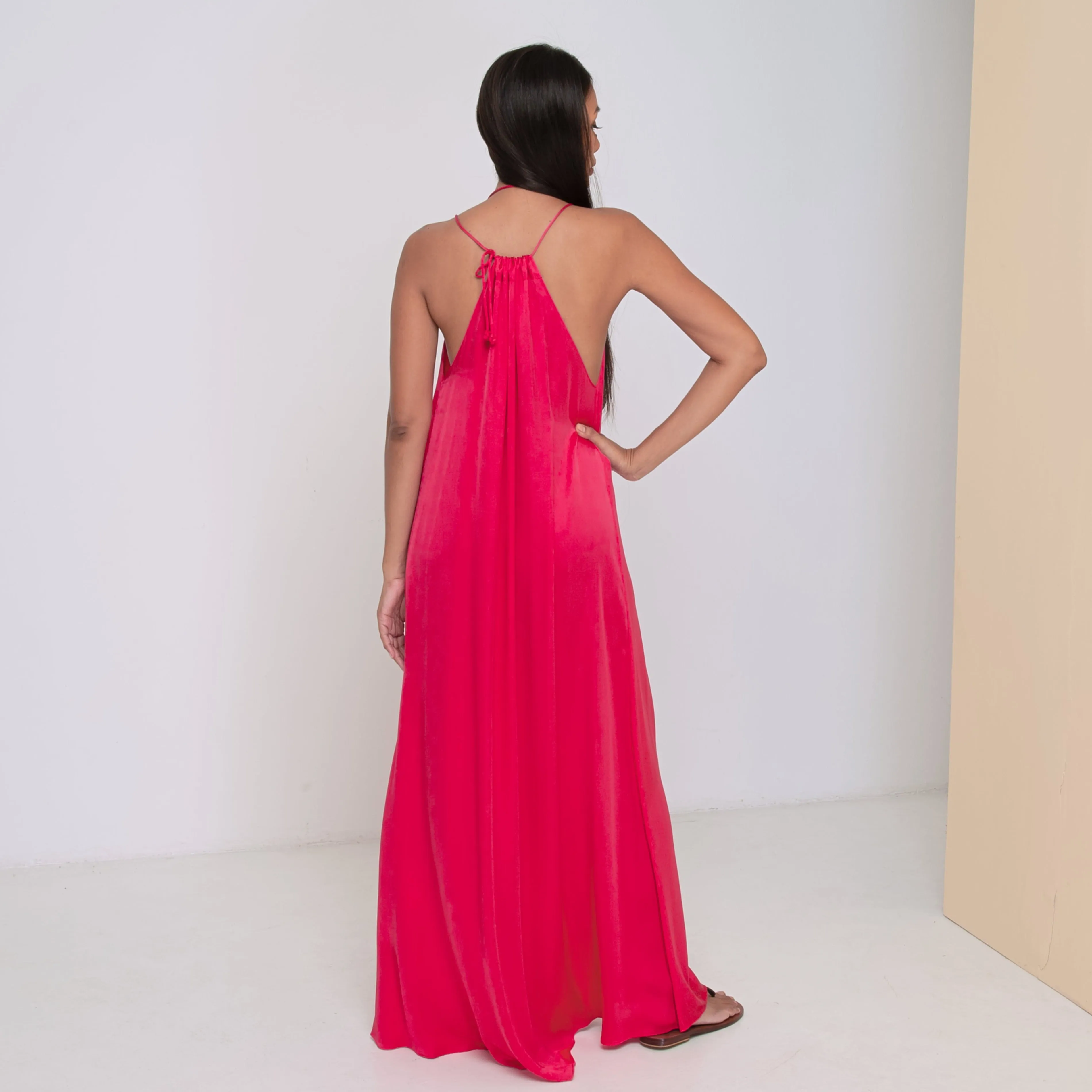 DEEP V LONG HALTER DRESS - Rayon Viscose Satin | Hot Pink