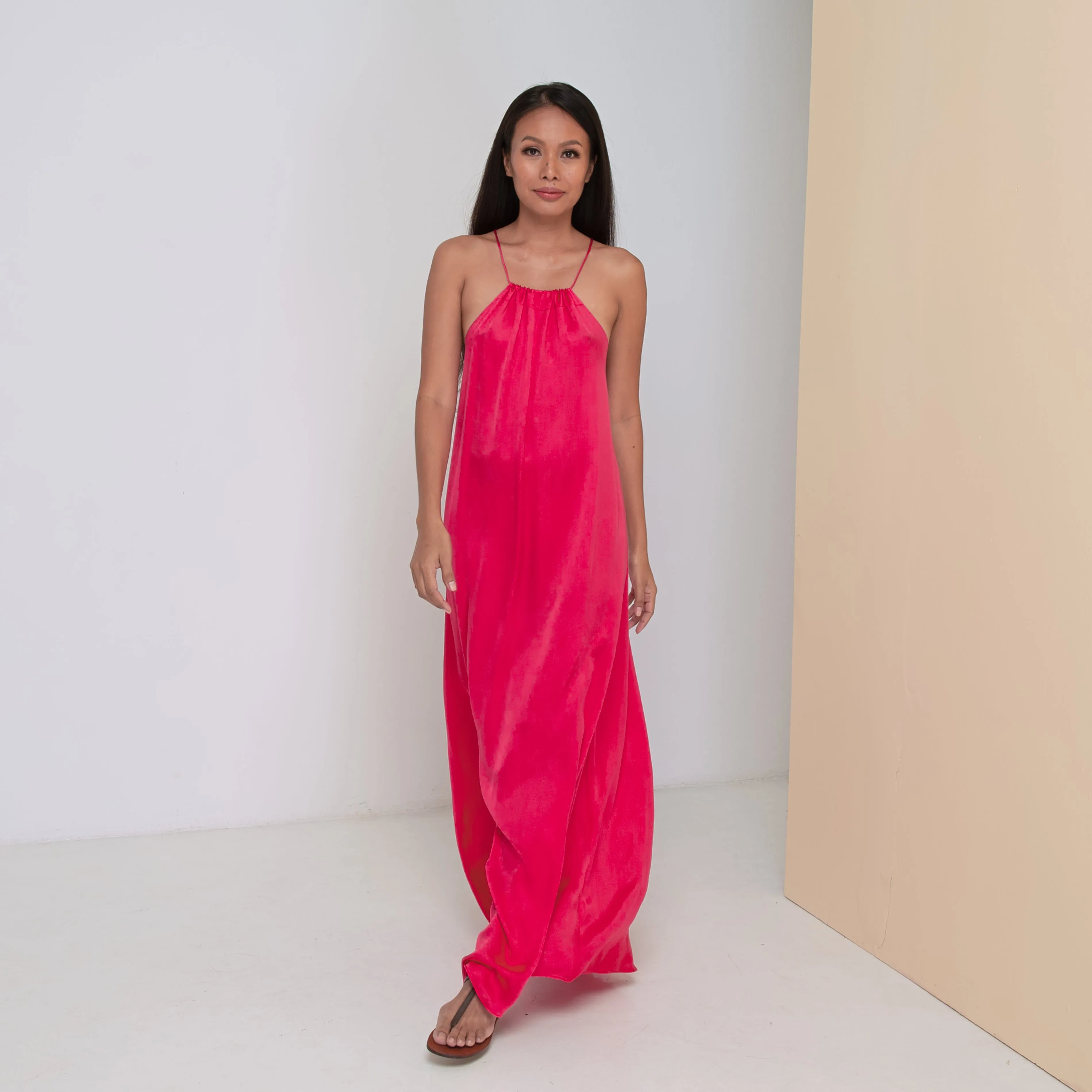 DEEP V LONG HALTER DRESS - Rayon Viscose Satin | Hot Pink