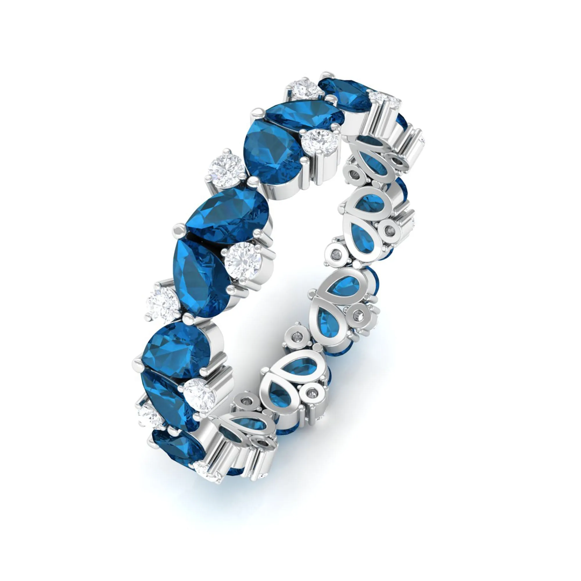 Designer Pear Cut London Blue Topaz and Moissanite Eternity Ring