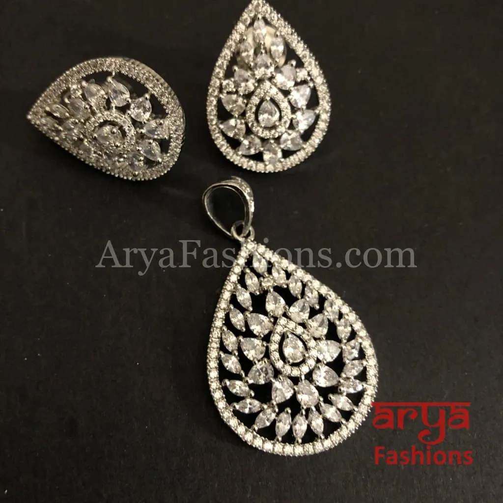 Diamond shaped Cubic Zirconia Pendant Set with Stud Earrings