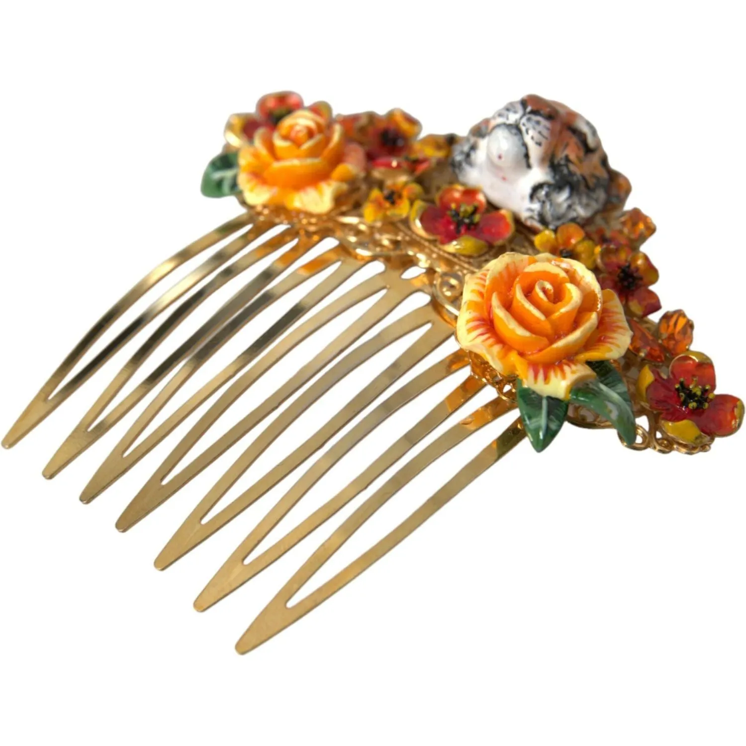 Dolce & Gabbana Gold Brass Crystal Leopard Floral Hair Comb