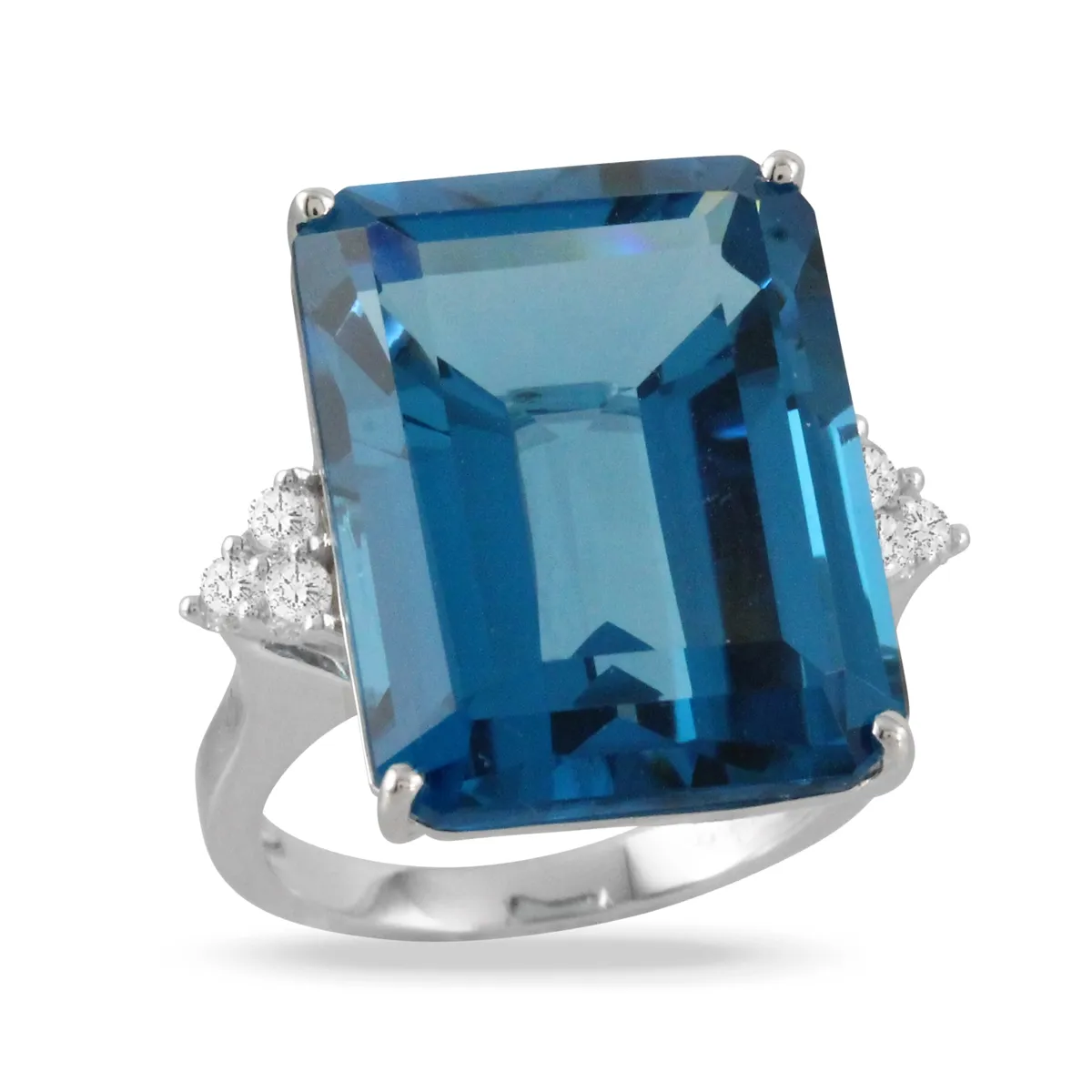 Doves 18K White Gold Rectangle London Blue Topaz with Diamond Cluster Sides Ring