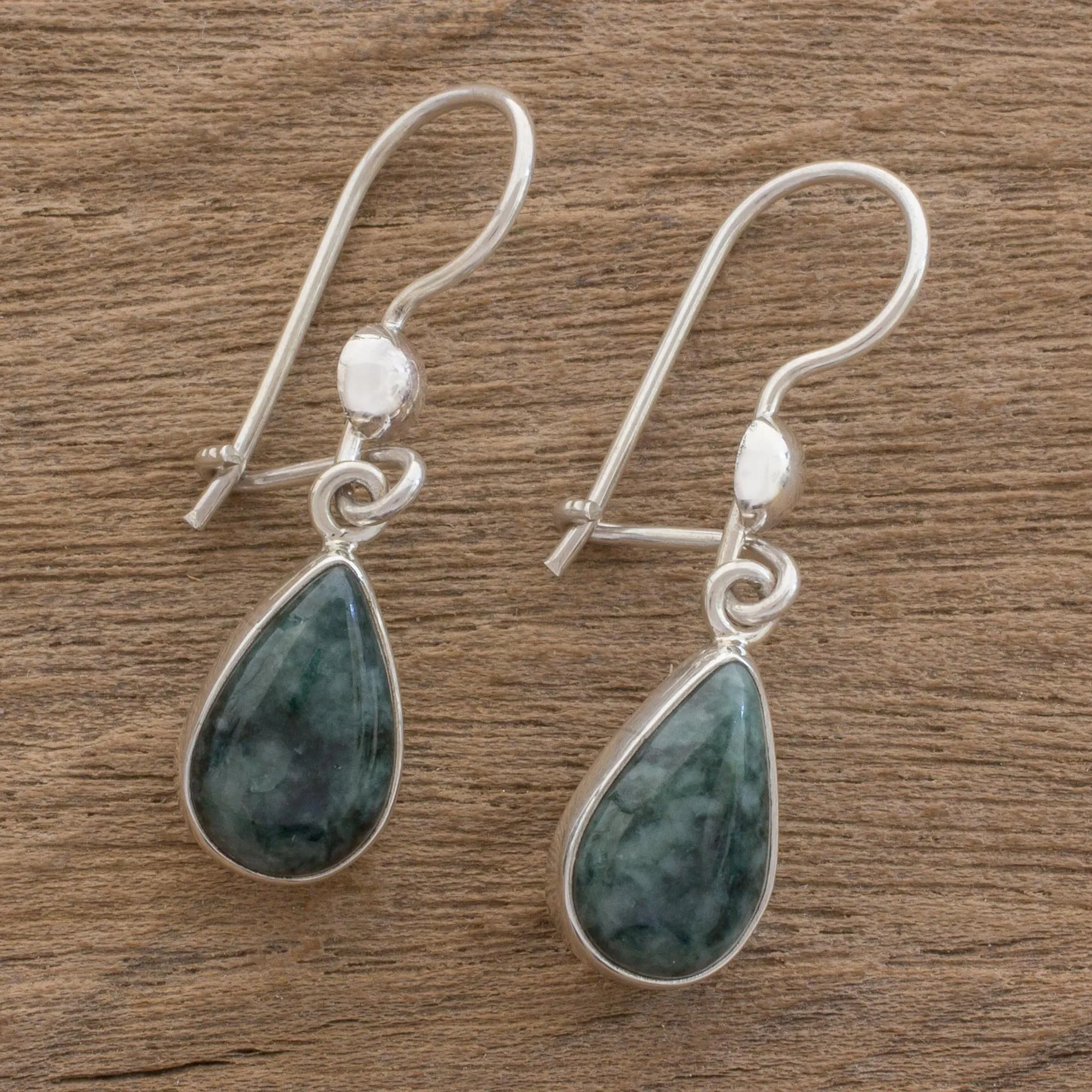 Drop-Shaped Jade Dangle Earrings in Dark Green - Dark Green Tears | NOVICA