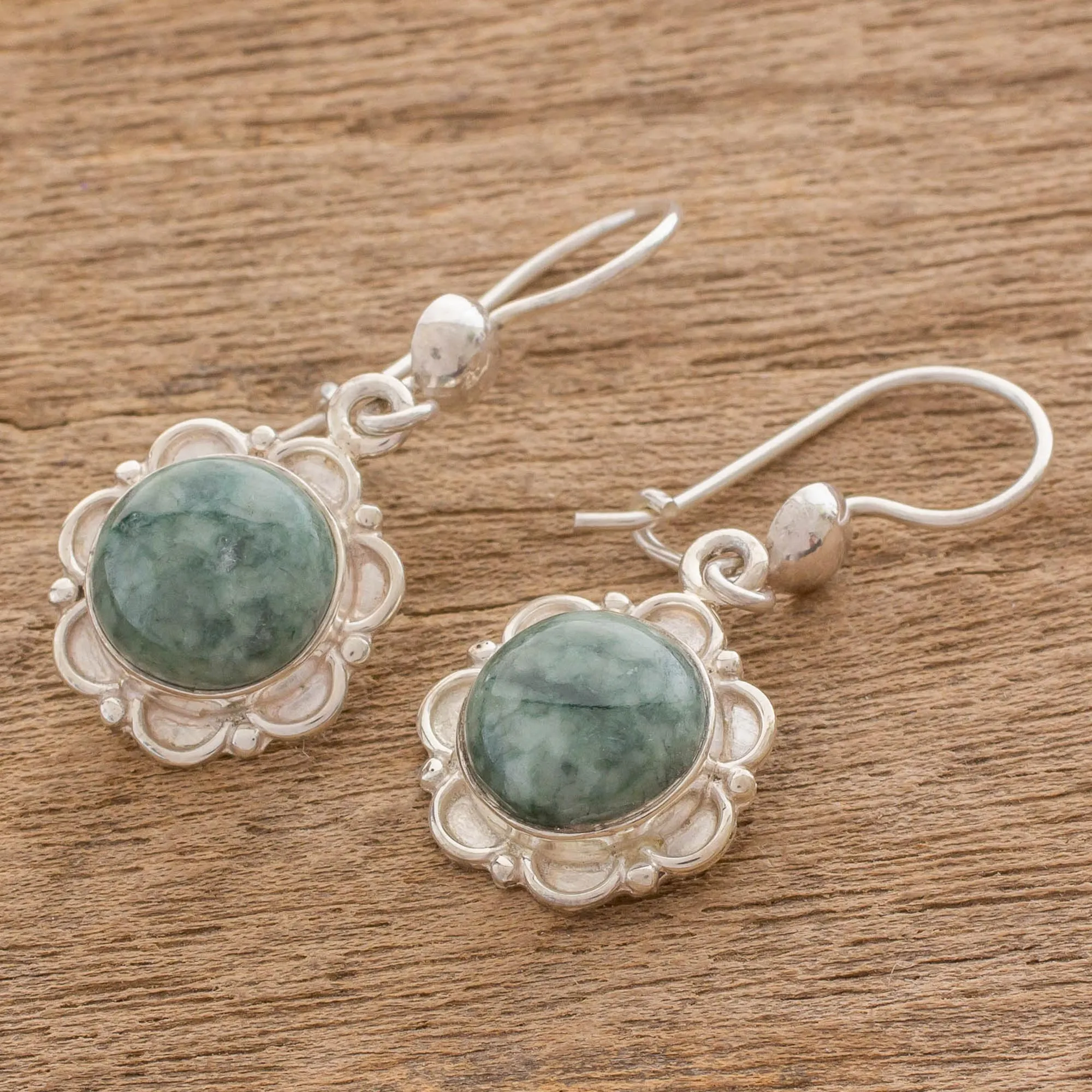 Fair Trade Floral Sterling Silver Dangle Jade Earrings - Green Forest Princess | NOVICA