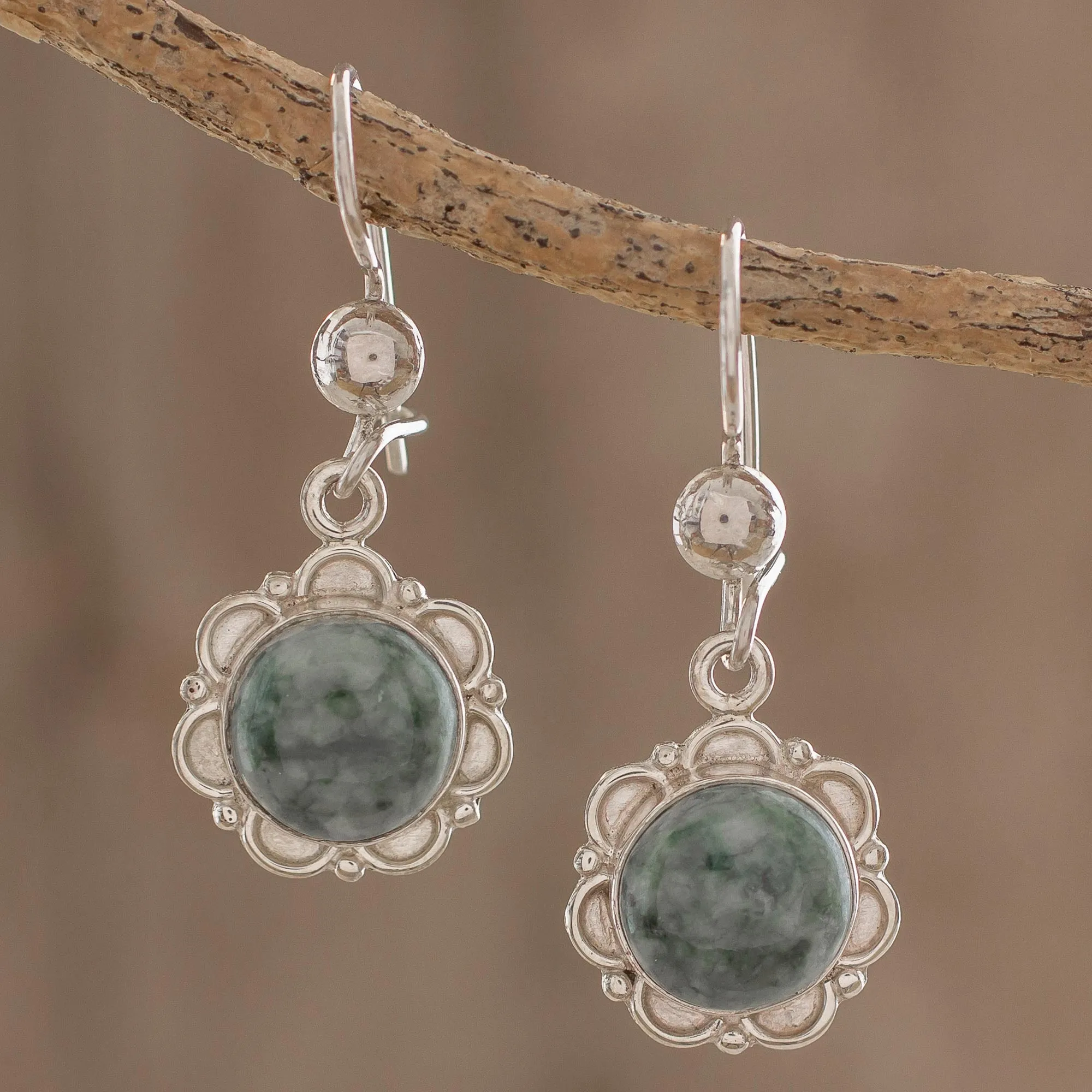 Fair Trade Floral Sterling Silver Dangle Jade Earrings - Green Forest Princess | NOVICA