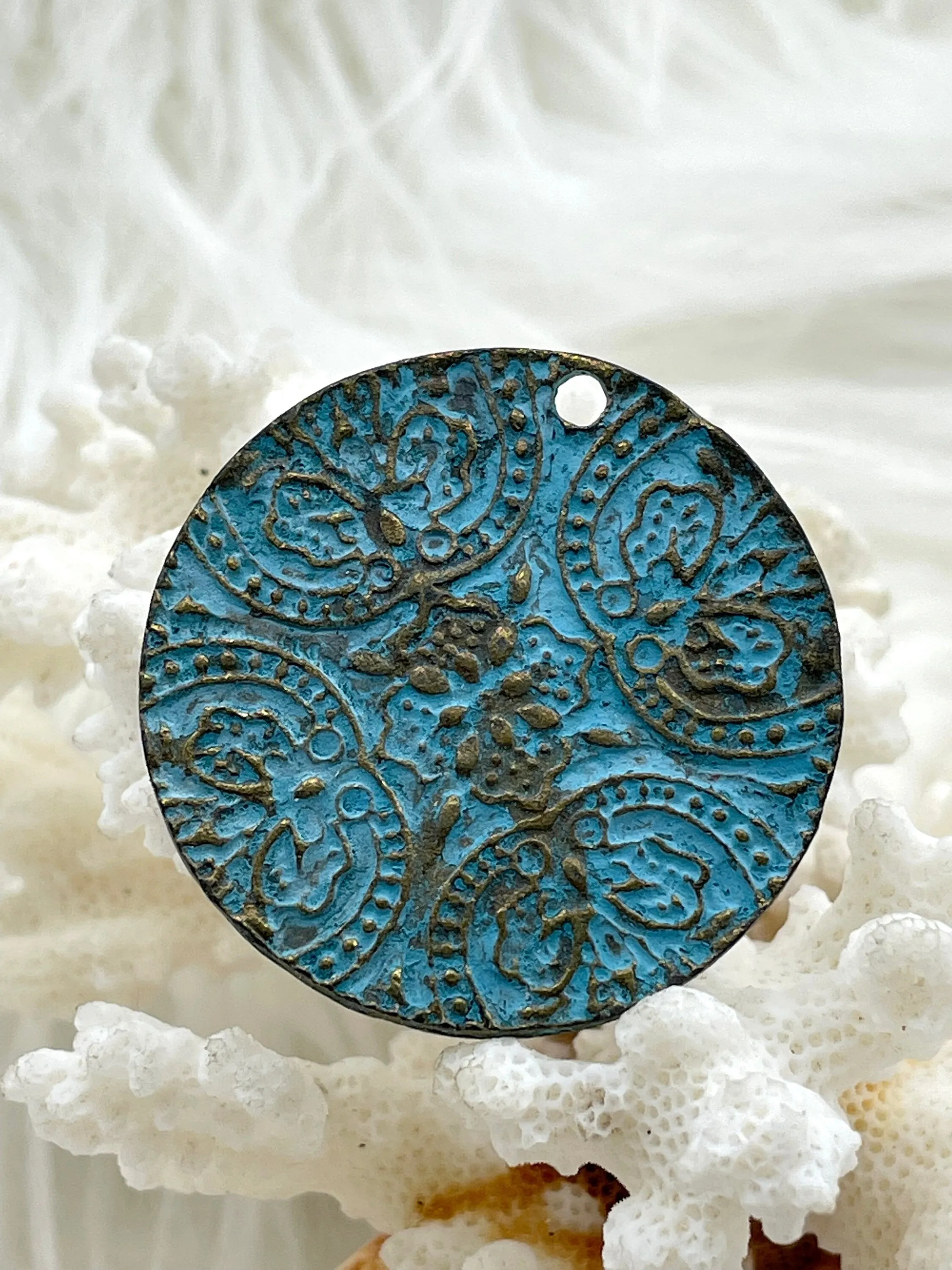 Flat Round Filigree Stamped Metal Pendant Medallion Pendant,  4 styles, 42mm, 39mm, 34mm, 21mm Verdigris . Fast Ship