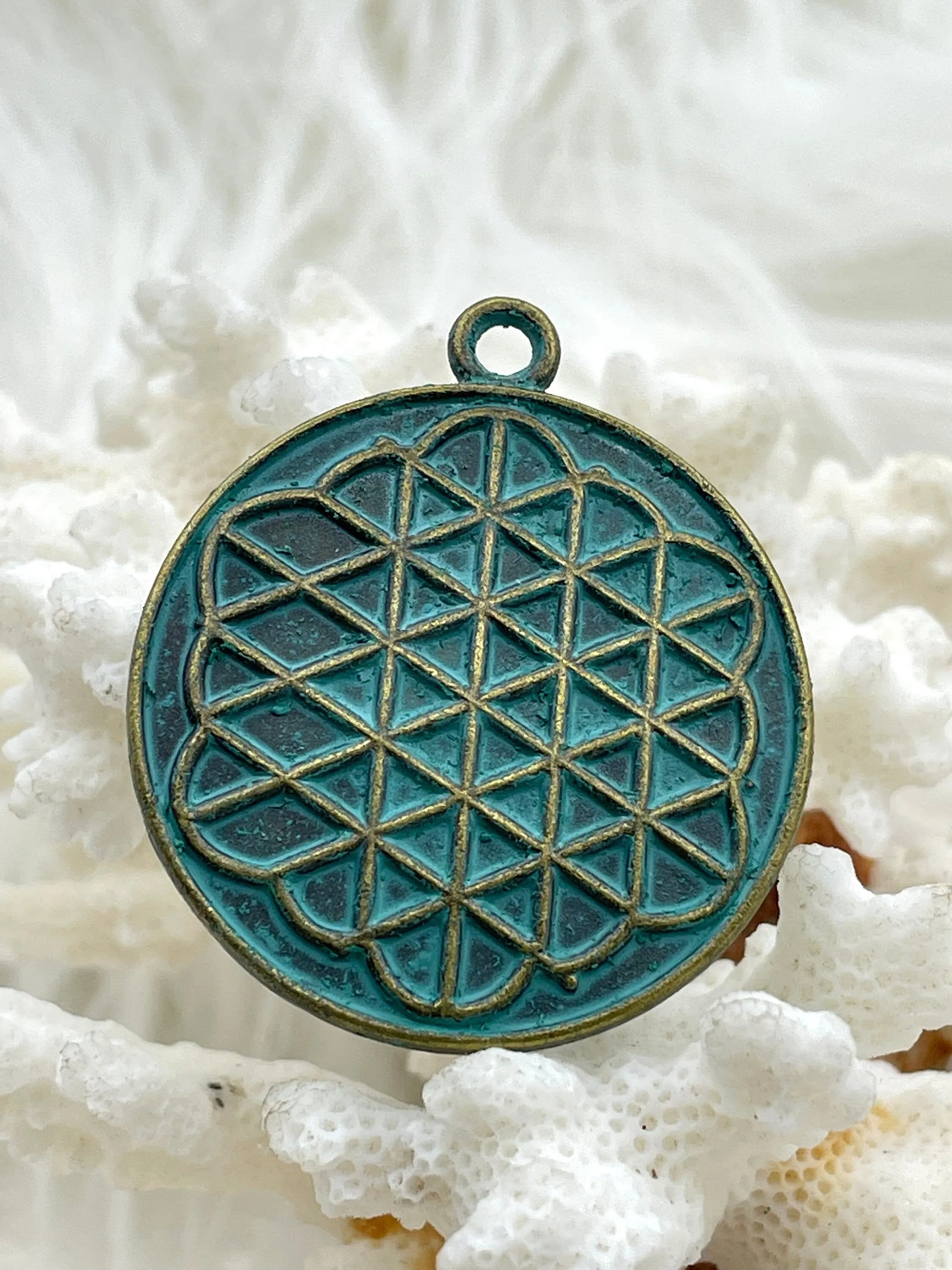 Flat Round Filigree Stamped Metal Pendant Medallion Pendant,  4 styles, 42mm, 39mm, 34mm, 21mm Verdigris . Fast Ship