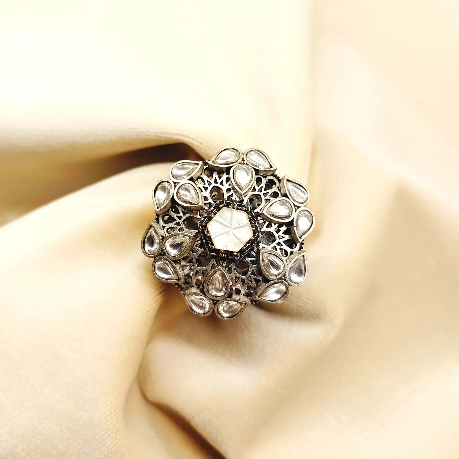 Geeta White Stone Oxidized Silver Boutique Ring