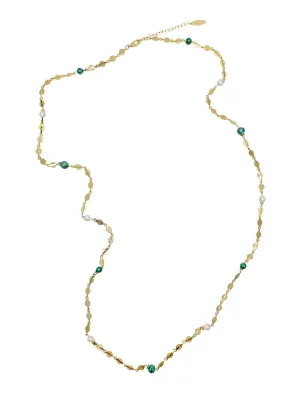 Gold Chain with Green Gemstones and White Pearls Long Necklace LN046