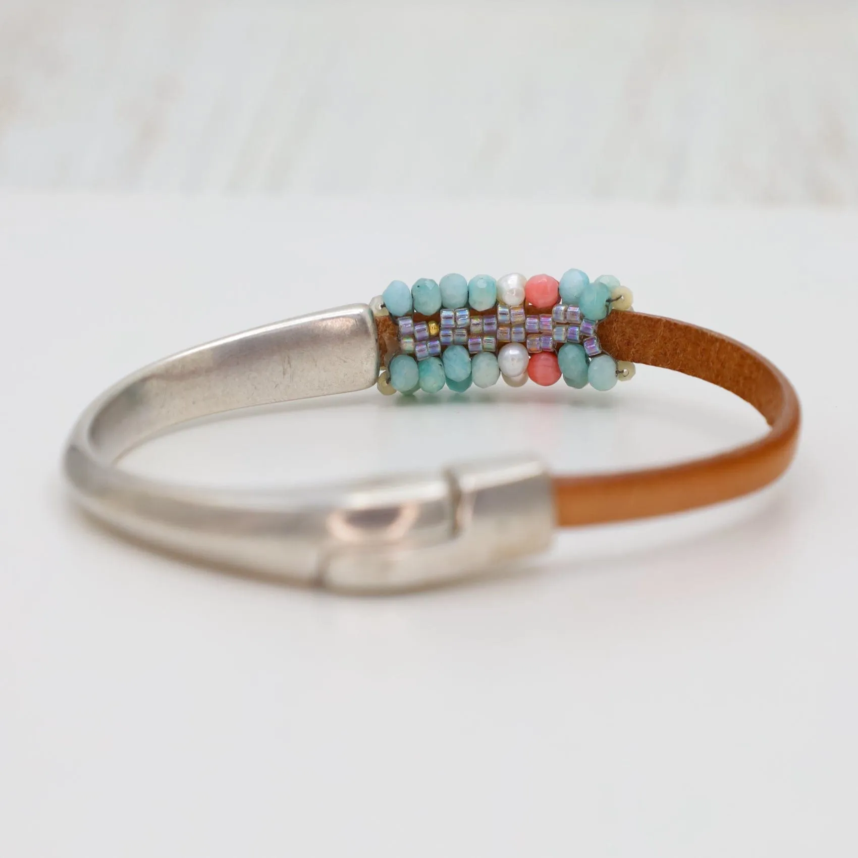 Hand Stitched Amazonite, Pearl & Coral Half Cuff Bracelet