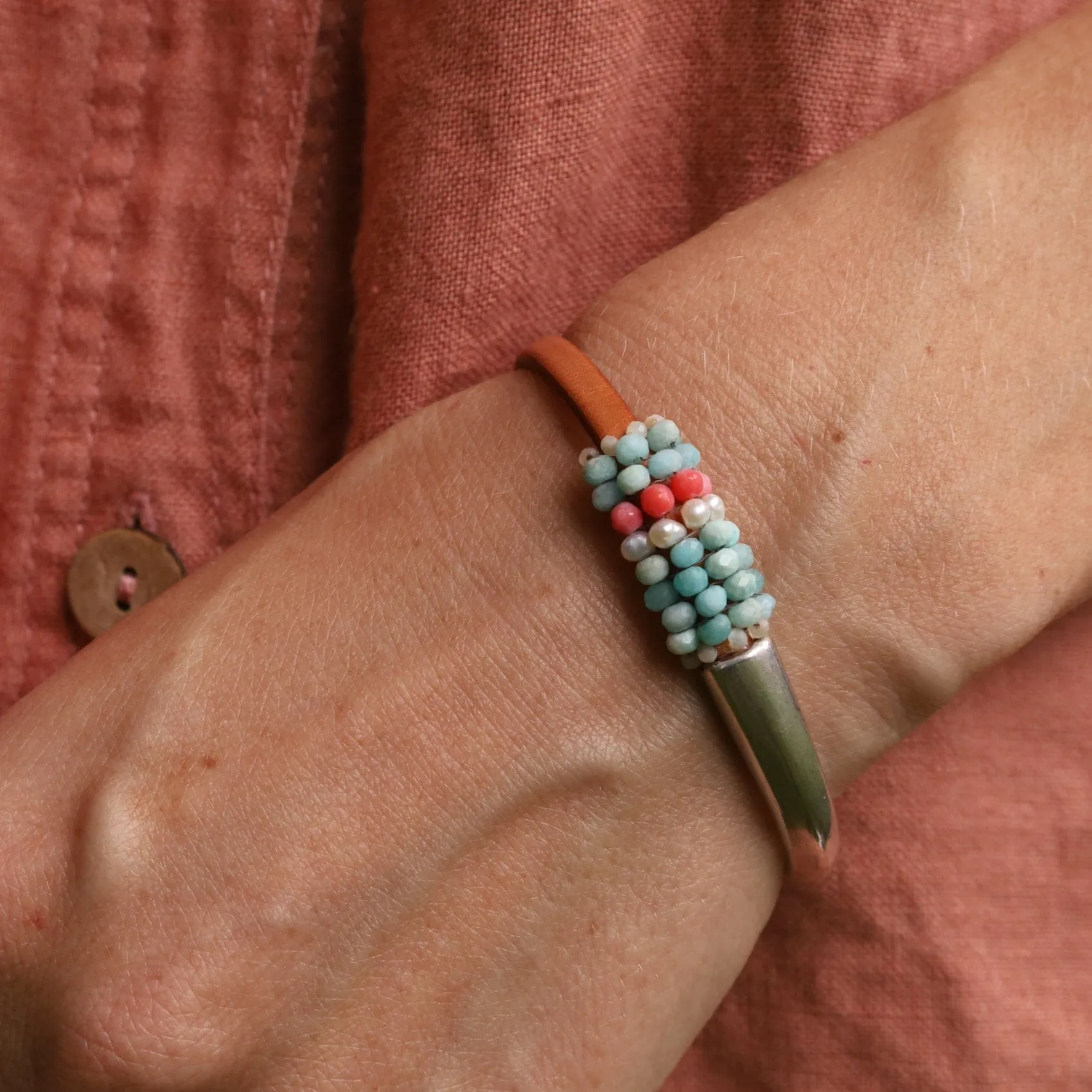 Hand Stitched Amazonite, Pearl & Coral Half Cuff Bracelet